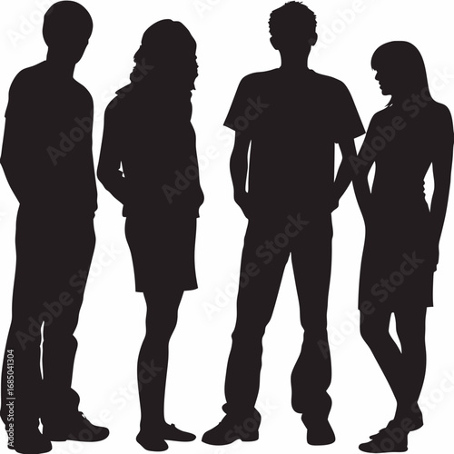 Vector silhouettes of three teenagers hanging out together.