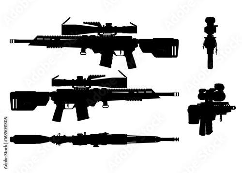 Modern sniper rifle silhouettes arranged symmetrically on a white background with distinct shapes and sizes. The black and white design creates depth and dimension.