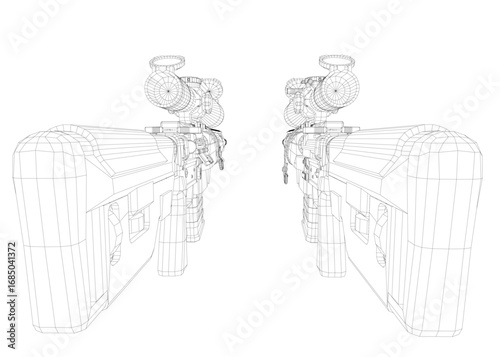 Modern sniper rifle 3D model blueprint with intricate wireframe lines and realistic curves on a clean white background.