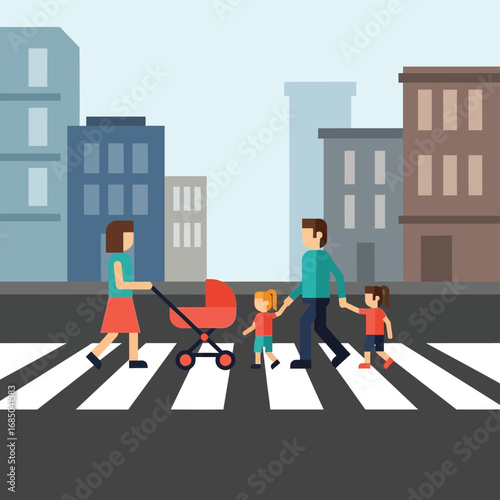 Family Crossing the Street with a Stroller Safety and Togetherness in the City