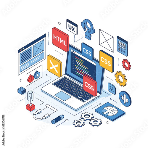 Isometric illustration of a laptop with code, UI/UX design elements, and programming concepts