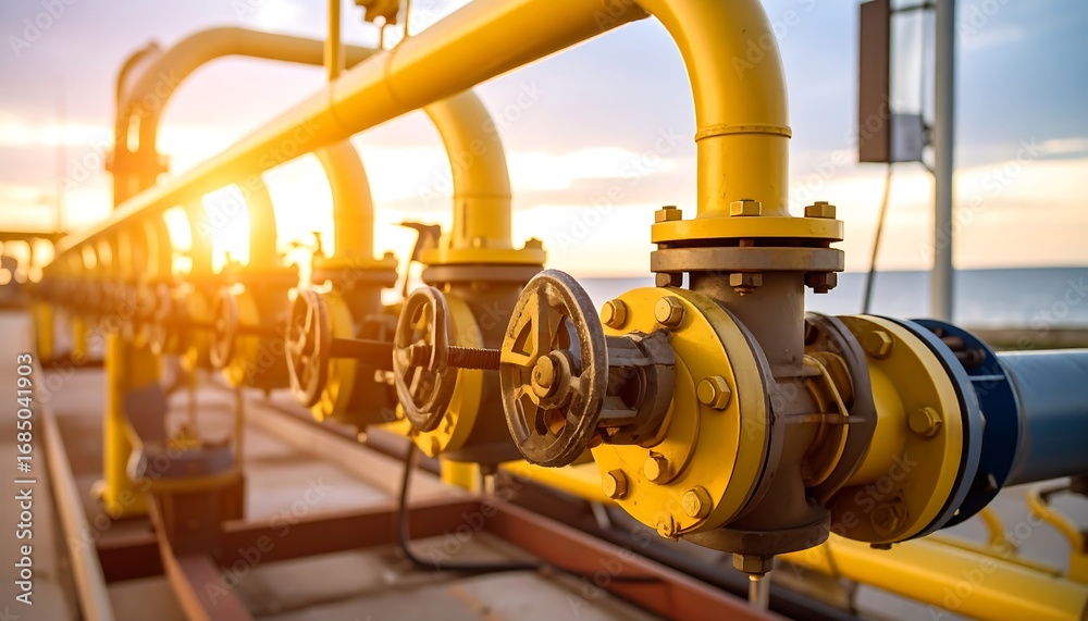 Obraz premium Industrial pipeline system with valves, outdoors. Bright sunlight, near water