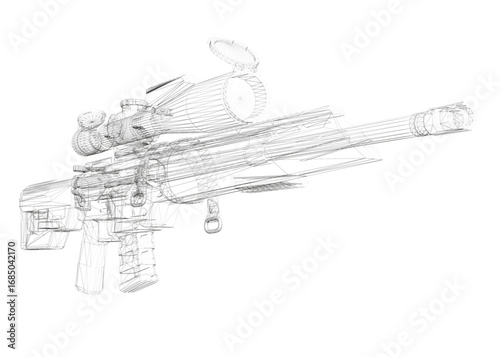 Modern sniper rifle wireframe model on white background, featuring realistic details and clean 3D design.