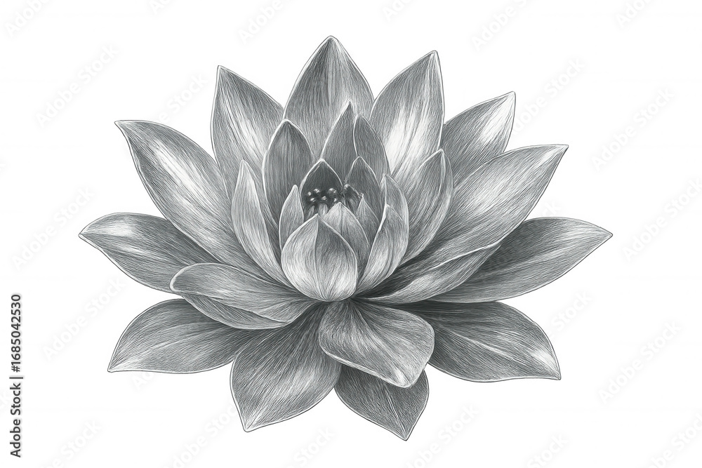Obraz premium Detailed pencil drawing of a blooming water lily, isolated on a transparent background, perfect for nature-inspired designs