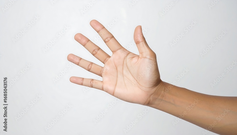Naklejka premium A light-skinned hand with five fingers outstretched against a plain white background. The hand is positioned in a gesture of greeting or welcome