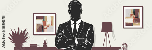 Silhouette of confident business leader in suit standing against beige interior