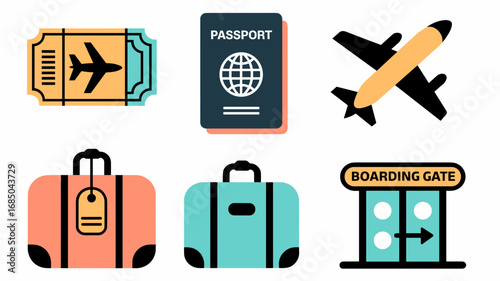 Vector illustration of air travel icons including ticket passport airplane luggage gate