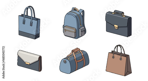 Stylish bags vector icon set with six blue and brown designs