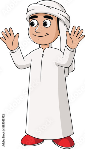 Smiling young Arab boy wearing traditional white thawb and keffiyeh, standing with hands raised, happy child with red shoes