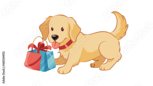 Golden retriever with red collar standing near a gift bag with a red bow on a white background