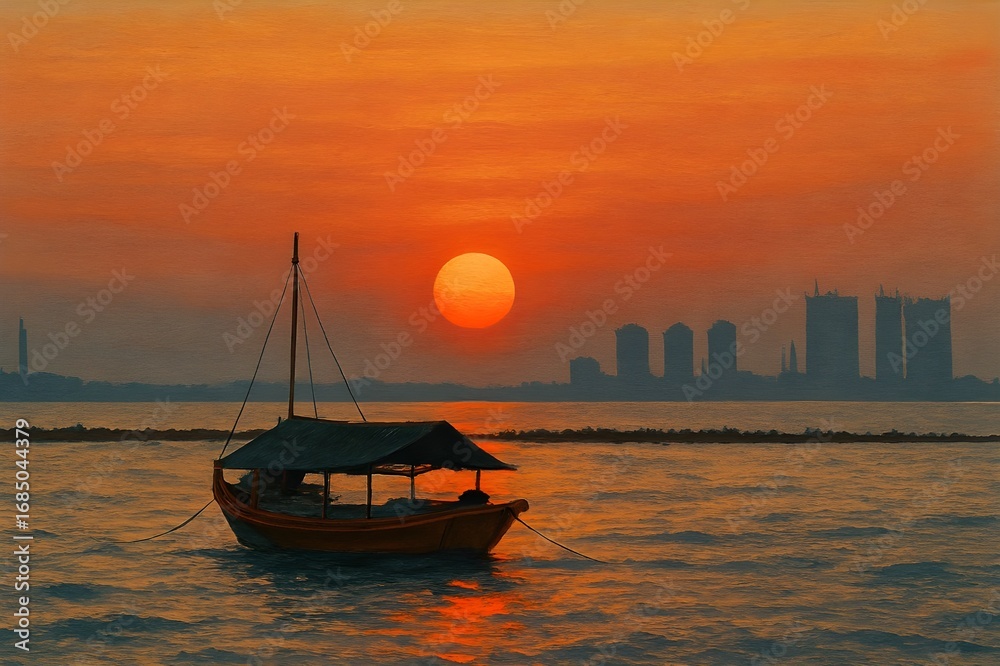 Naklejka premium Photo illustration of a sea view at sunset. There is a small wooden boat sailing.