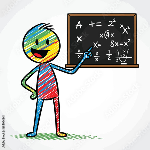 Colorful stick figure teacher enthusiastically explaining mathematical equations on a blackboard in a classroom setting