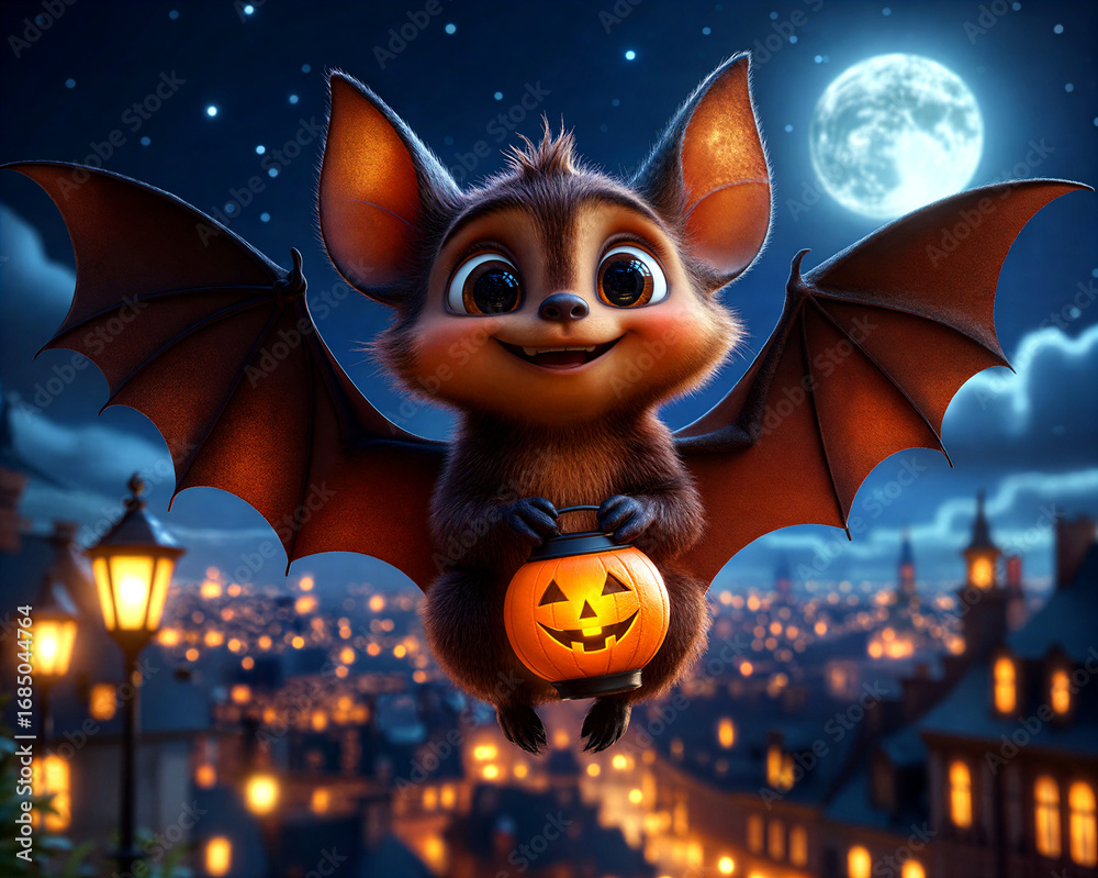 Fototapeta premium A cute little bat is flying over the night city with a Halloween lantern in her paws. 