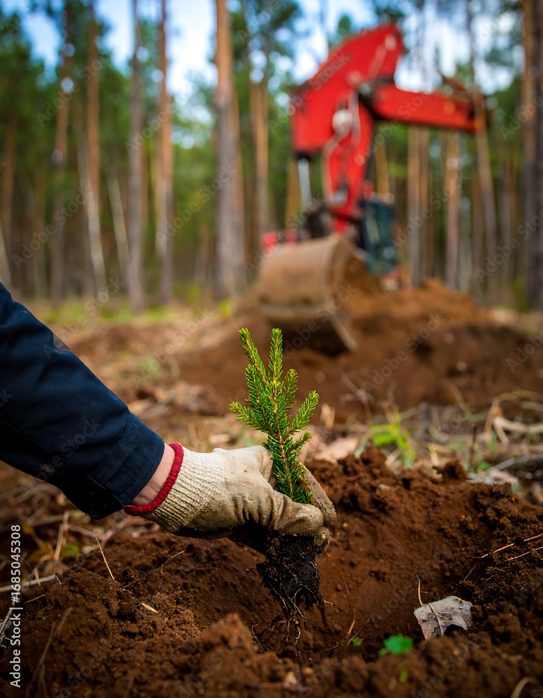 Fototapeta premium Planting a sapling in the forest