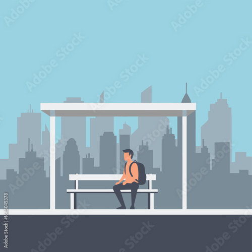 A solitary man with a backpack sitting on a bench at a bus stop, waiting for public transport in a modern city