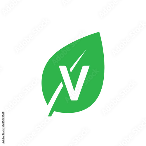 Dynamic green leaf emblem featuring a stylized V and energetic lightning bolt, signifying natural vitality and plant-based lifestyle