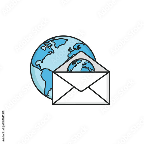 Worldwide digital communication network illustrated with an open email envelope and planet Earth, symbolizing global connection and messaging services