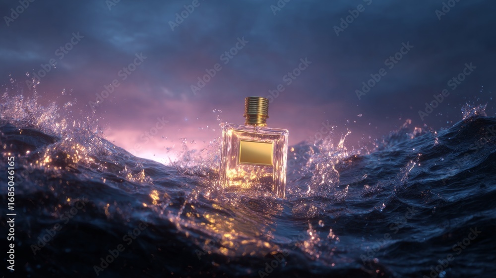 Fototapeta premium Luxurious perfume bottle amid ocean waves. Neural network AI generated