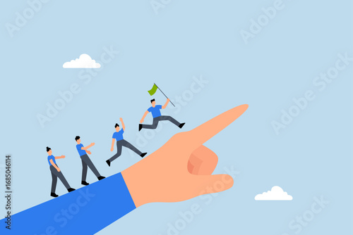 Leadership to lead team members, business leader holding a flag of victory is running ahead of a group of business individuals while pointing his finger
