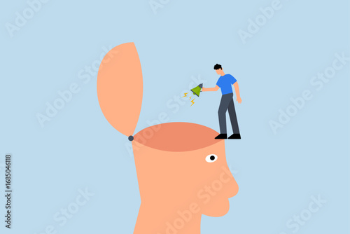 Brainwash, Angry businessman yelling through a megaphone with a loud voice to unveil the mind