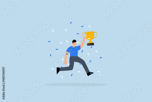 Celebrate work achievement, Ecstatic businessman leaps for joy while clutching trophy after winning