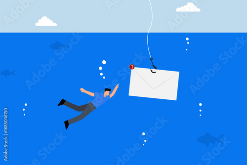 Phishing email, Avaricious entrepreneur submerging to retrieve email envelope using fishing hook