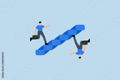Business paradox, ambitious businessman is both climbing up the stairs and going down at the same time in a paradoxical manner