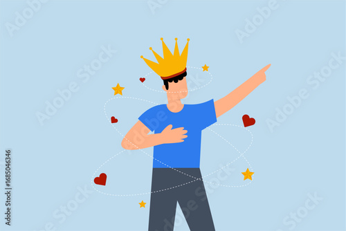Narcissist people, narcissistic businessman adores himself and takes pride in his crown adorned with love and stars