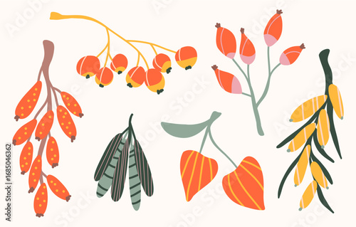 Vector hand-drawn autumn berries and branches vector clipart set in warm natural tones for cards, stationery, packaging, textiles, seasonal decor, invitations, etc.