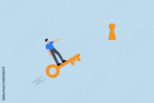 Discover key success, Businessman flying on a golden key to unlock the keyhole of success