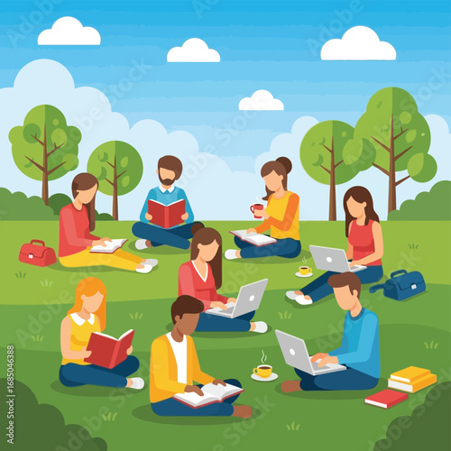 People relaxing and working outdoors, enjoying books, laptops, and beverages on a sunny day
