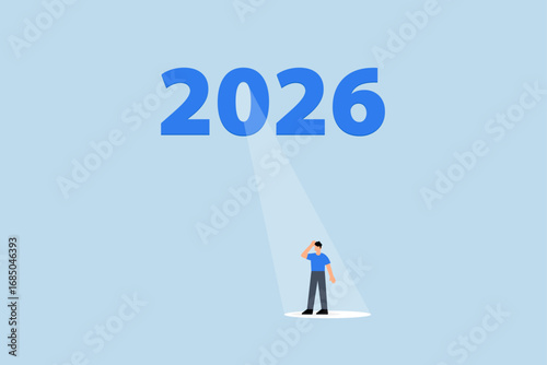 Year 2026 business opportunity, In 2026 hopeful businessman is illuminated by bright spotlight shining from number zero