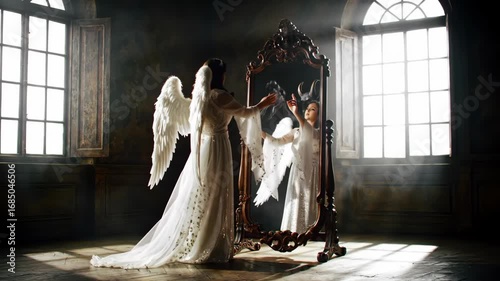 Angel confronting demonic reflection in ornate mirror
