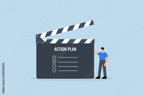 Action plan with checklist step by step of business implementation, Businessman managing a slate with steps listed for an action plan