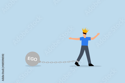Ego burden, businessman carries the heavy burden of ego while wearing a king's crown and chain