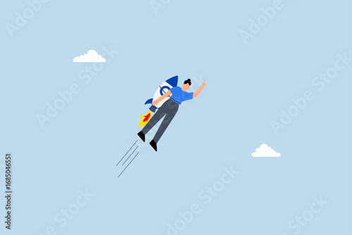Success booster, Female entrepreneur riding a rocket booster or jetpack engine