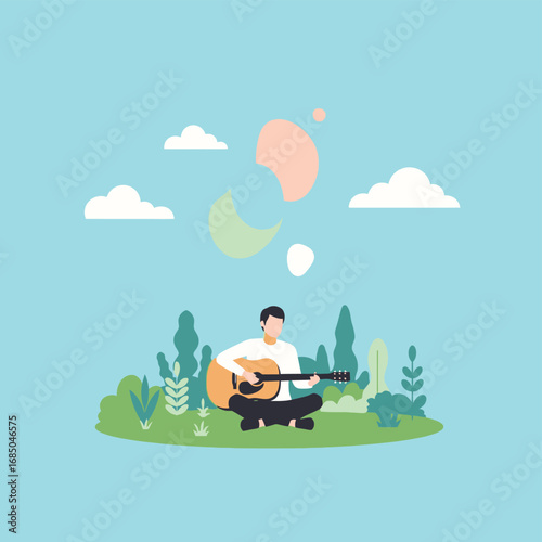 Flat vector illustration of a person relaxing in nature, playing acoustic guitar and dreaming of creative melodies