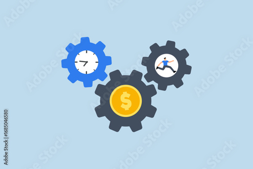 Effort and time to make money, entrepreneur sprinting intensely within gear mechanisms to rotate time and currency wheels