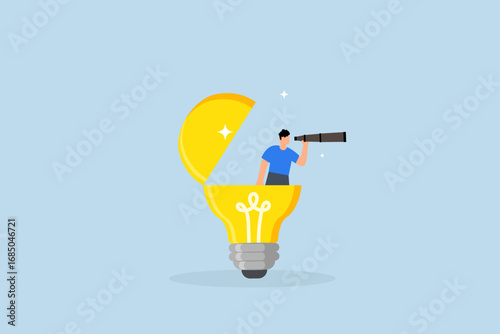 Creativity to help see business opportunity, entrepreneur activates lightbulb concept utilizing binoculars to visualize business goals