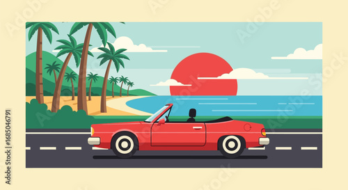 Vintage red convertible driving along a scenic coastal highway with palm trees and a setting sun
