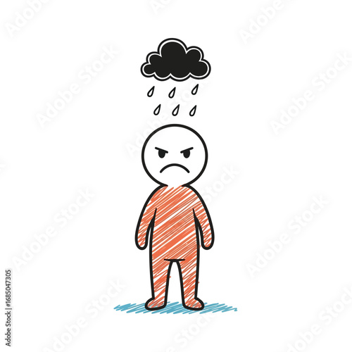 Conceptual doodle of negative emotions, featuring an angry person under a personal rain storm