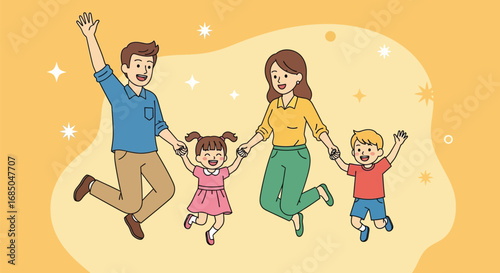 Happy Family Jumping Together Celebrating Joyful Moments Outdoors with Stars