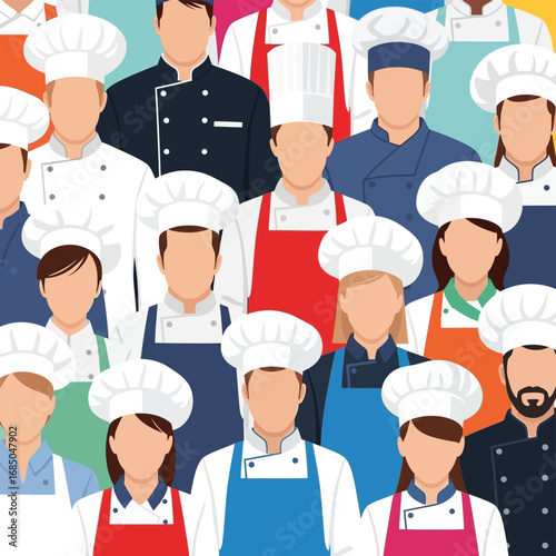 Vector illustration of a diverse culinary brigade, a community of professional chefs and kitchen staff