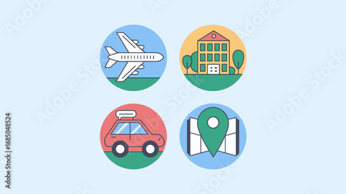 Colorful travel app UI icon pack with airplane, hotel, car rental, and map pin