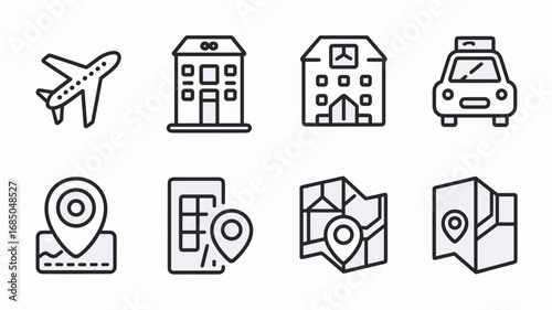 Minimalist vector travel app icons with airplane, hotel, car rental, and map pin