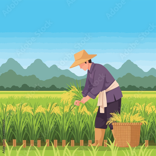Illustrative scene of a farmer harvesting golden rice crops in a lush paddy field with mountains, symbolizing traditional agriculture