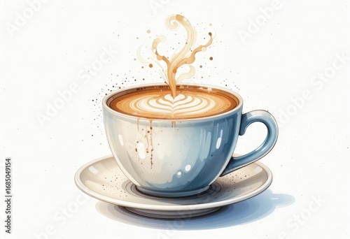 Coffee cup on saucer with coffee art and steam watercolor painting