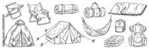 Camping items for convenience, doodle. Tents, bags, backpacks, chairs, mattress. Graphics, engraving, shading. Black ink drawings and markers. Postcard and packaging designs. Picnics, hikes, camping