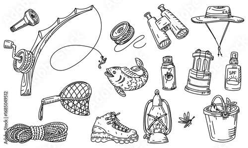 camping set with fishing items, in doodle. Fishing rod, bucket, binoculars, flashlight, hat, spray. Graphics, engraving, shading. Black ink drawings markers. Postcard designs. Picnics, hikes, camping