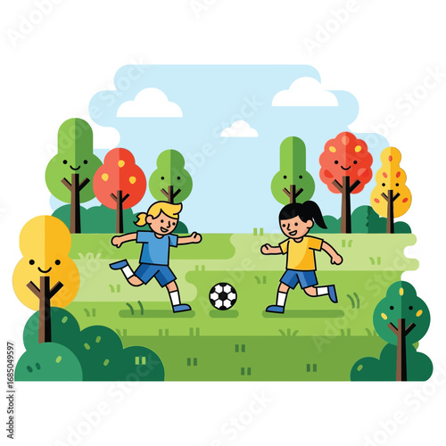 Two young girls playing soccer in a park on a sunny day, enjoying a friendly match surrounded by trees and greenery
